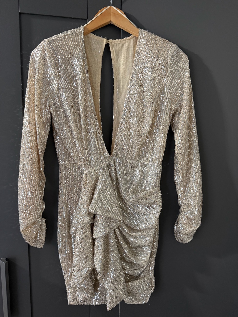 Luxxel Champagne Sequin Long-Sleeve Plunging Mini Dress